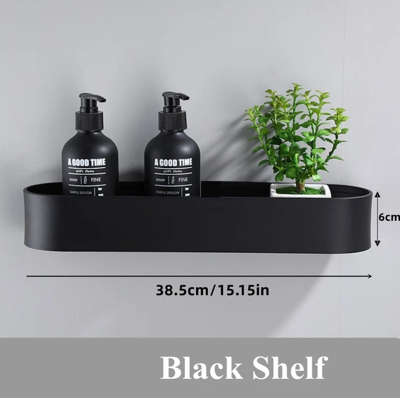 Black Bathroom Shelf Shower Basket Kitchen Storage Rack With Towel Bar Cosmetics Wall Shelves Bathroom Accessories