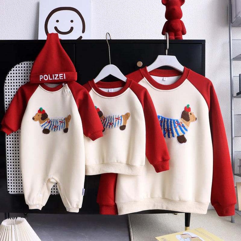Funny Red Sweatshirts for The Whole Family Matching Clothes Father Mother and Son Daughter Cute Dog Print Tops Newborn Bodysuit