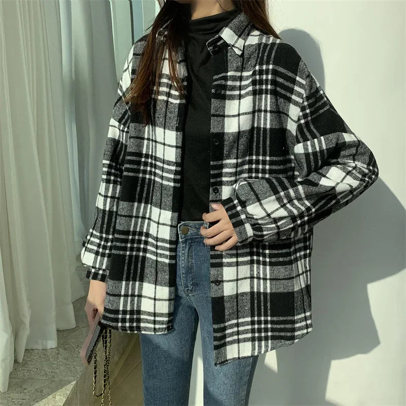 Women’s Oversized Flannel Plaid Shirt – Long Sleeve Button-Down Check Shacket for Autumn & Winter
