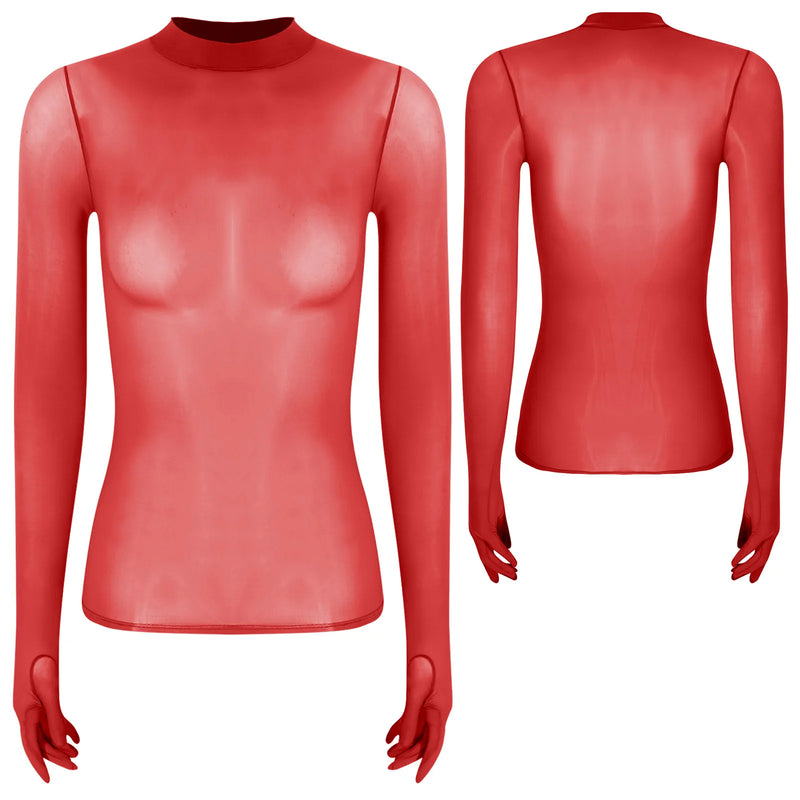Adult Women Sheer Mesh Ultra Thin Crop Top Long Sleeve Mock Neck Translucent Gloved Tops for Base Shirt Lingerie Role Play Tops