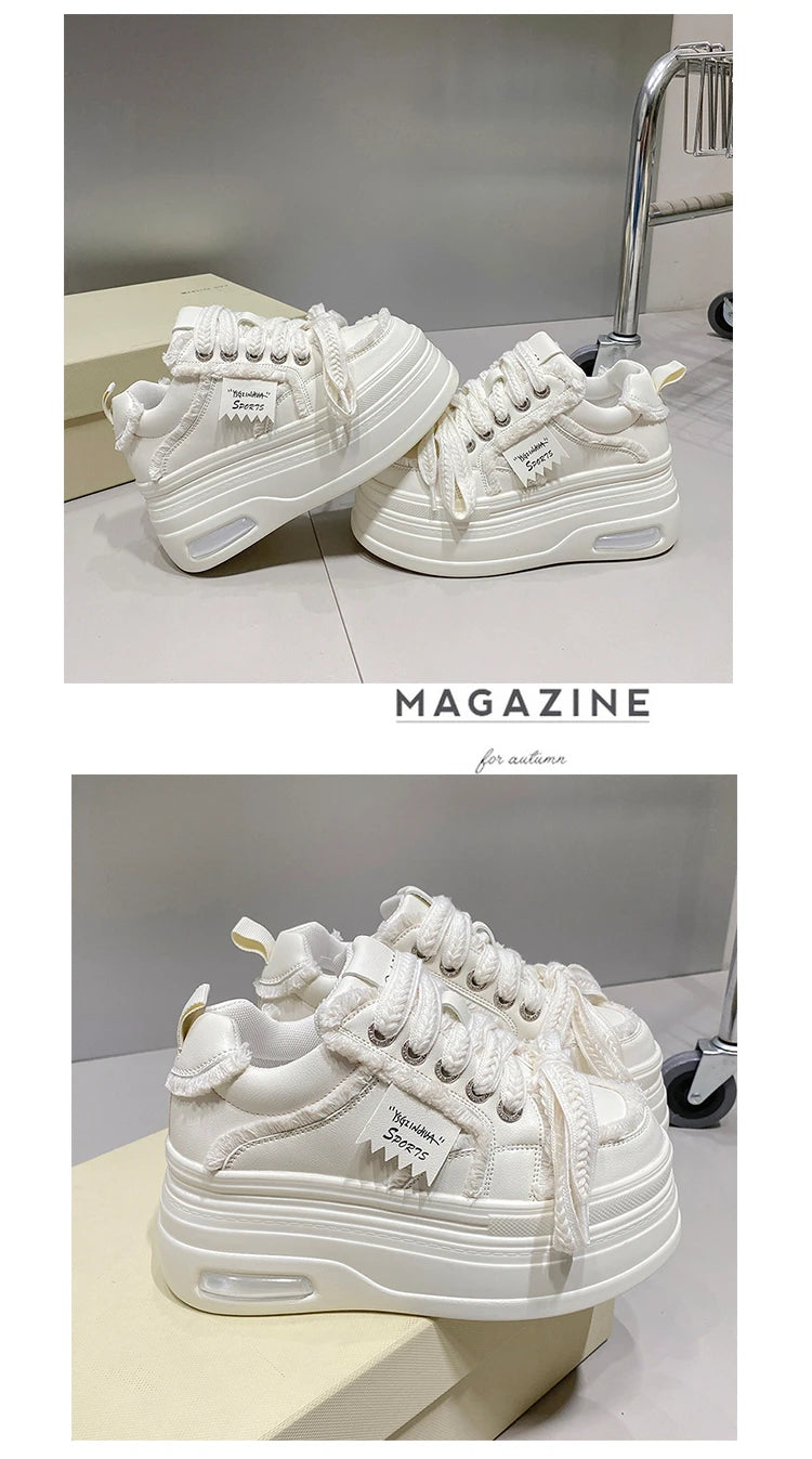 Fashion Chunky Sneakers Women Autumn Lace Up Platform Sports Shoes 8CM Thick Bottom High Heels Female Leather Sneakers Woman