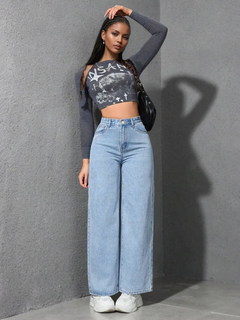 Retro Loose Wide Leg Jeans Fashion Women Solid Straight Wash High Elastic Waist Denim Pants Casual Streetwear Pocket Trousers