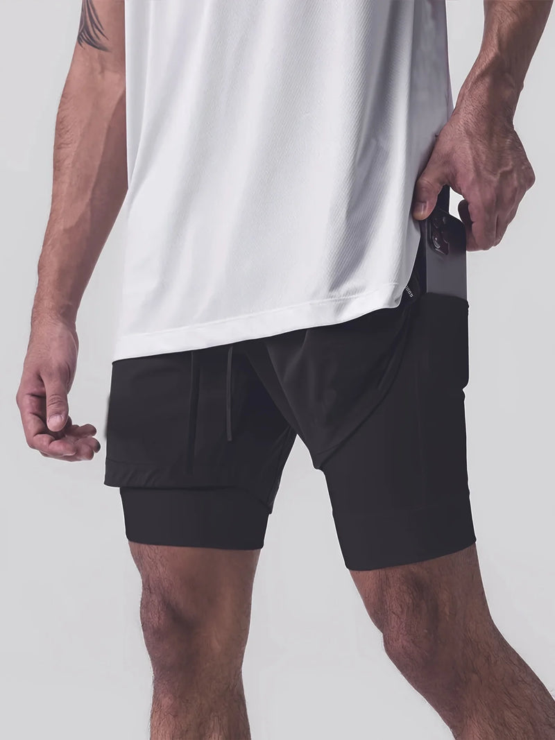 Sports shorts for men, double layered, quarter quick drying, elastic basketball, running training equipment, deep squat fitness,