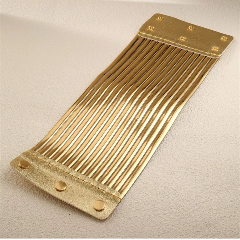 Fashion Golden Color Pu Leather Chunky Necklace Wide Bracelet Sets Punk Style Ethnic Style Jewelry Set For Women Party Accessory