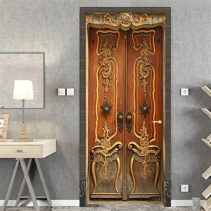 Wooden Door Mural Decal Sticker Peel and Stick Removable Self-Adhesive Brown Wood Grain Red Brick Door Wallpaper for Home Decor