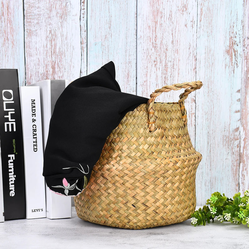 Woven Storage Basket Natural Seagrass Handmade Folding Clthoes Laundry Basket Straw Wicker Rattan Storage Flower Pot Beach Bag