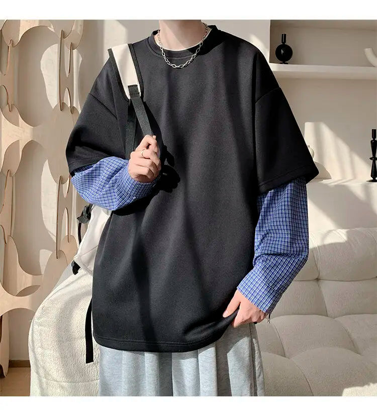 Fashion Oversized Solid Color Fake Two-Piece Hoodie with Checkered Sleeves Trendy Plus Size Pullover for Men and Women Autumn