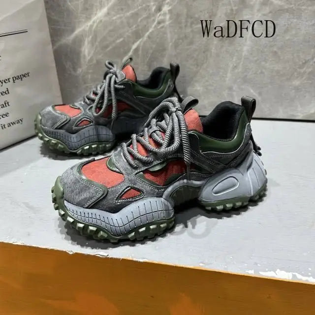 Chunky Sneakers Men Designer Mountaineering Shoes Fashion Casual Leather Fabric Breathable Height Increased Platform Sport Shoes