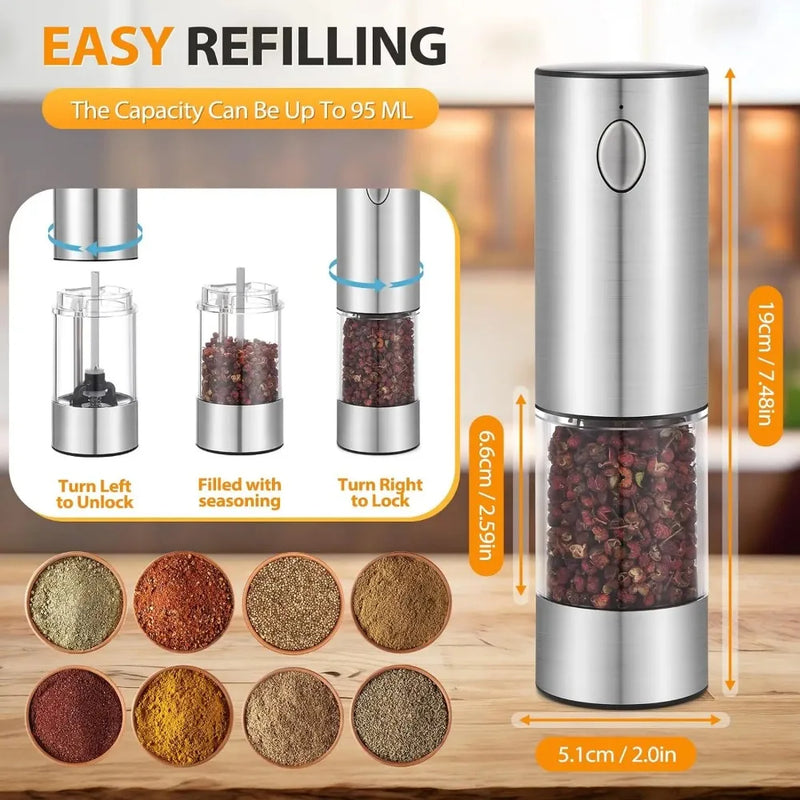 Electric Salt and Pepper Grinder Set – USB Rechargeable Adjustable Coarseness Mills with LED Light