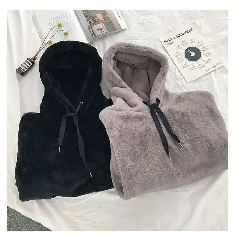 Loose Hoodies Woman Sweatshirt Casual Flannel Solid Pullover Autumn Winter Coat Y2k Fleece-lined Thicken Hooded Warm Soft Jacket
