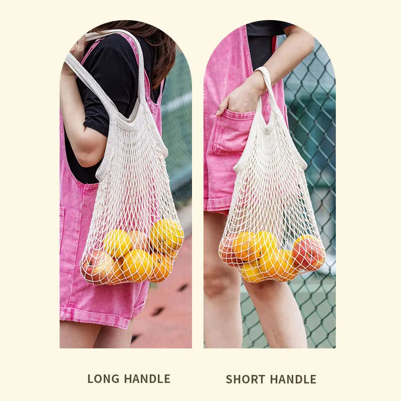 Bremium Reusable Mesh Shopping Bag Cotton Grocery Bags Portable Washable Durable Long Handle Tote Bags Reusable Produce Bags