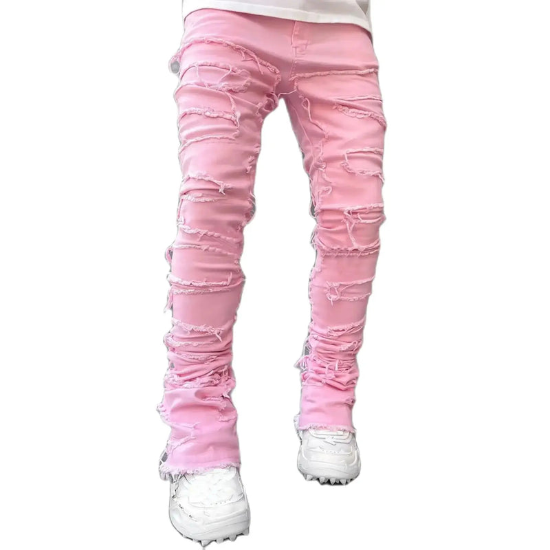 Men’s Stacked Ripped Jeans – Slim Fit Distressed Straight Denim Pants, Hip Hop Streetwear Style