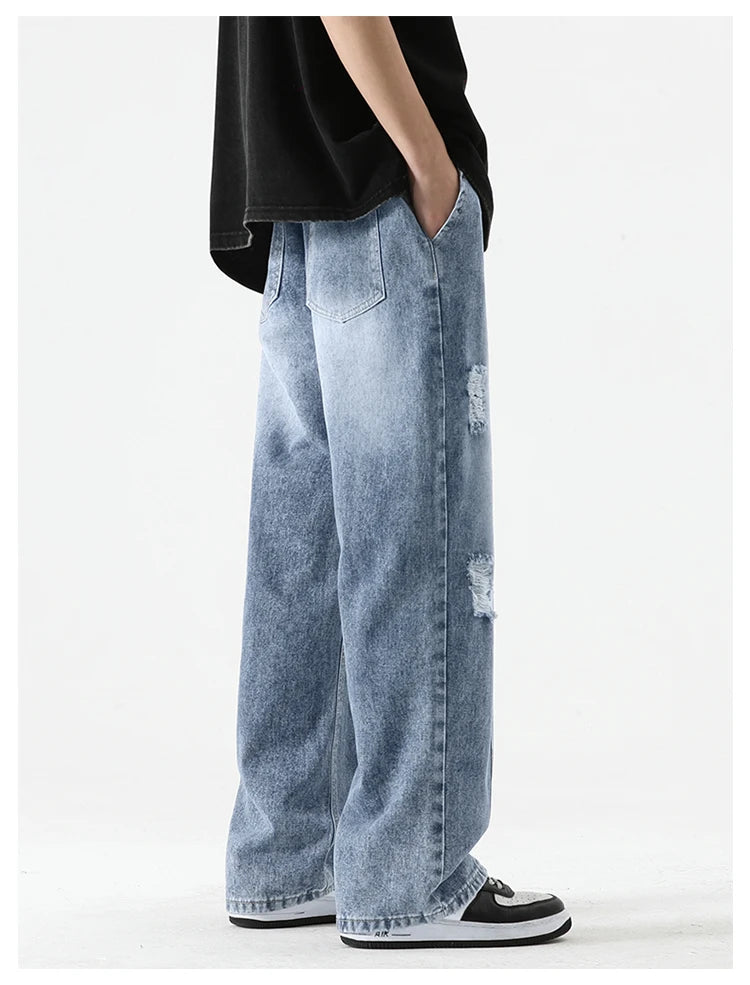 Men’s Summer Loose Ripped Jeans – Retro Straight-Leg Denim Pants with Drawstring Waist, Casual Streetwear Style