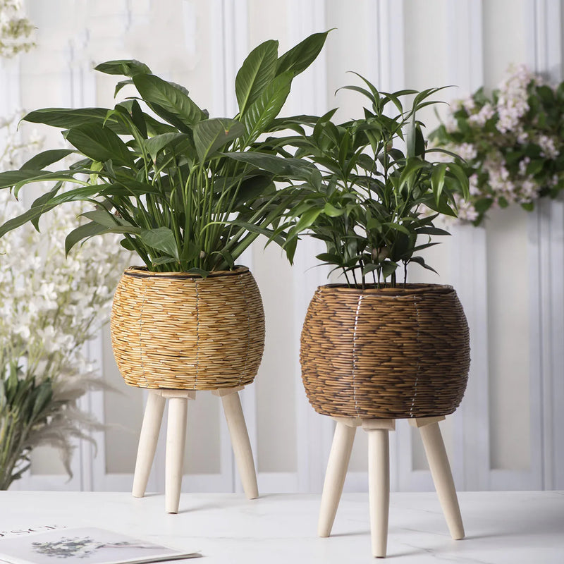 Rustic Rattan Planter With Wooden Legs Household Planter Pot Basket Wood Flower Basket For Indoor Plants Wood Flower Pots