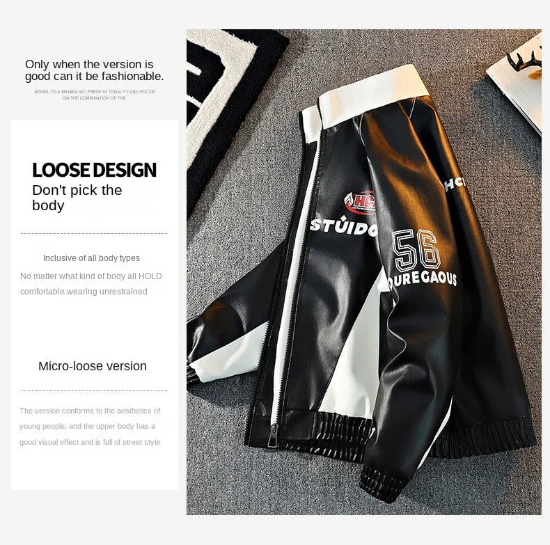 Mens Leather Moto Jacket  Stand Collar Edgy Racing Style Utility Work Coat  Unisex Hong Kong Trend Ins Fashion for Spring Autumn