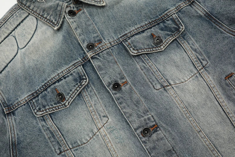 European American High Street Trend Kanye West Denim Jacket Heavyweight Washed Do Old Pleated Ripped Denim Outerwear
