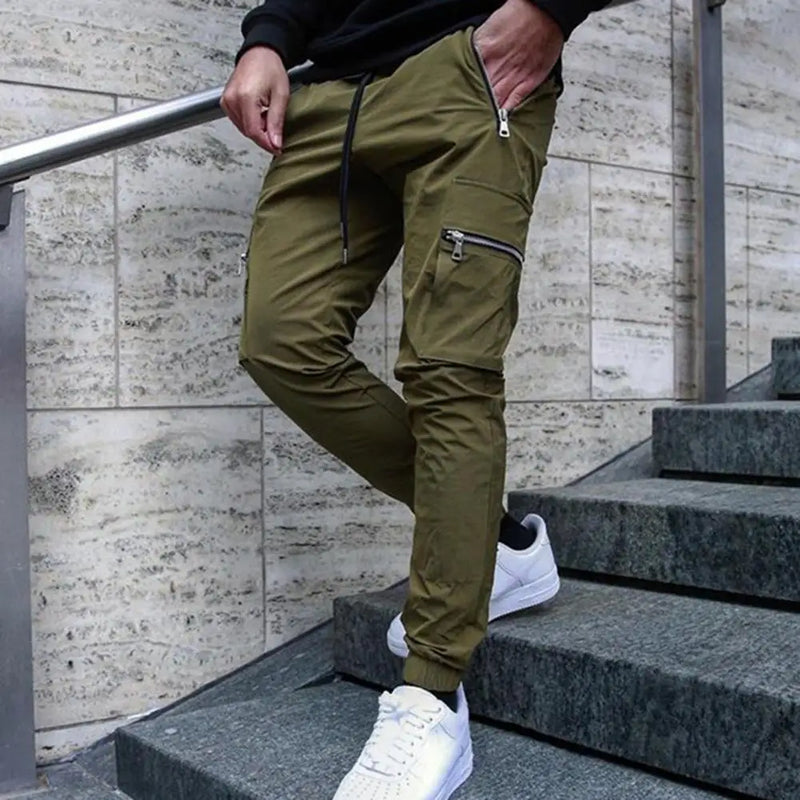 Mens Cargo Pants Zipper Pockets Jogger Running Hip Hop Streetwear Slim Sport Trousers Male Training Workout Fitness Sweatpants