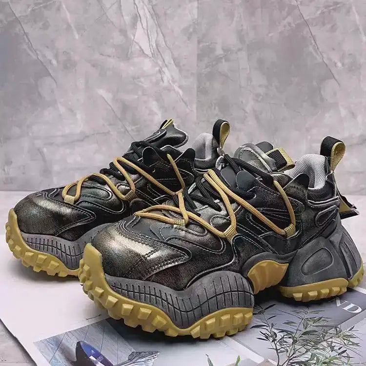 Chunky Sneakers Men Designer Mountaineering Shoes Fashion Casual Leather Fabric Breathable Height Increased Platform Sport Shoes