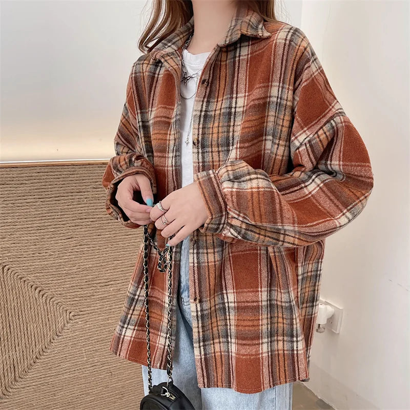 Women’s Oversized Flannel Plaid Shirt – Long Sleeve Button-Down Check Shacket for Autumn & Winter