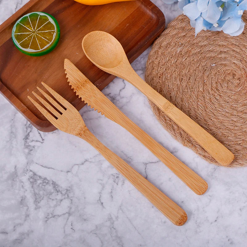 1 Set Bamboo Travel Cutlery Set Fork Knife Spoon Reusable Kitchen Tools Eco-Friendly Wood Bamboo Wooden Cutlery