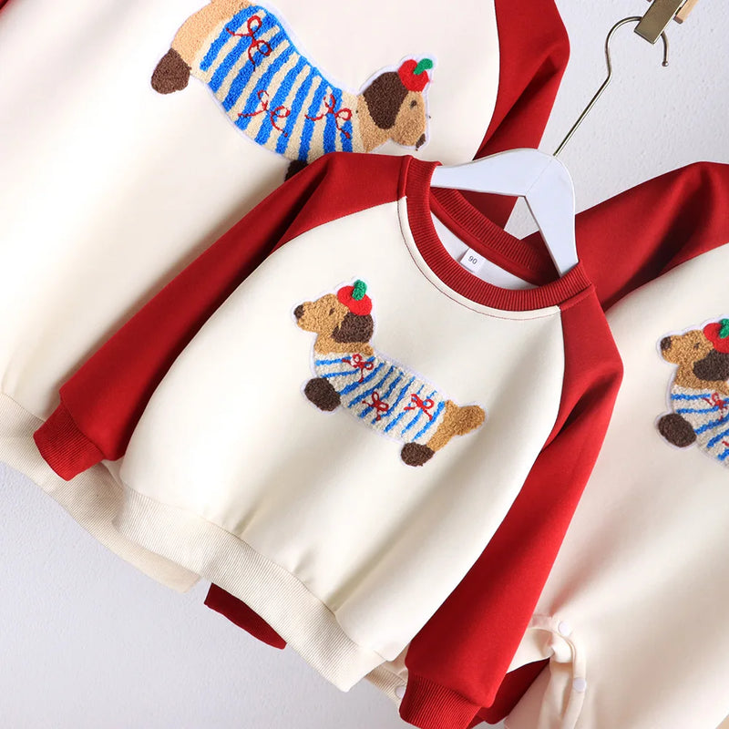 Funny Red Sweatshirts for The Whole Family Matching Clothes Father Mother and Son Daughter Cute Dog Print Tops Newborn Bodysuit