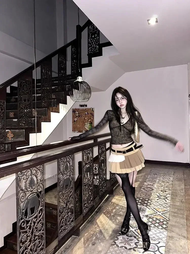 Coquette Aesthetic Mesh T Shirts Women Vintage V Neck Lace Bow Cropped Tops Y2k Sexy Slim Fit Long Sleeve Tee Shirts