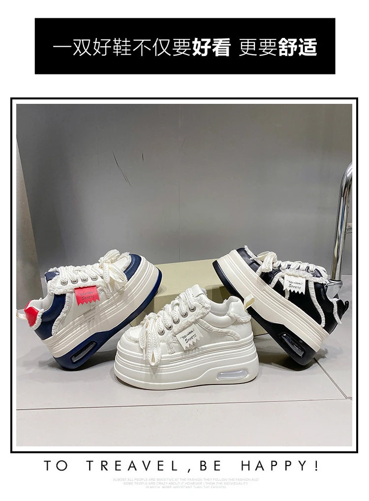 Fashion Chunky Sneakers Women Autumn Lace Up Platform Sports Shoes 8CM Thick Bottom High Heels Female Leather Sneakers Woman