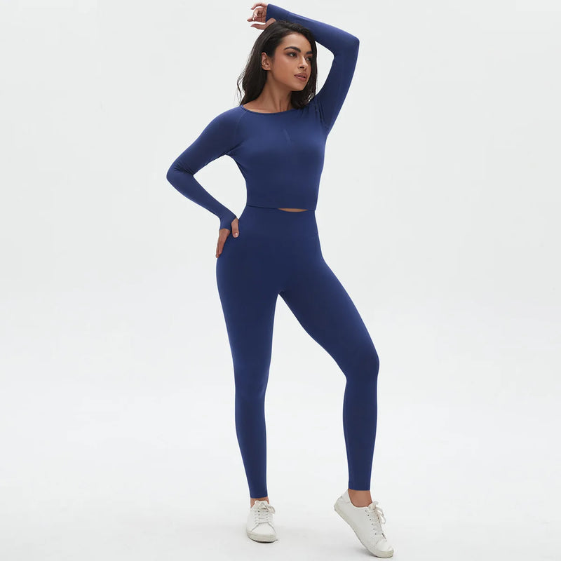 Seamless Two Piece Sets Womens Outifits Long Sleeve Gym Fitess Sport Set Yoga Leggings Matching Sets Exercise Tracksuits Female