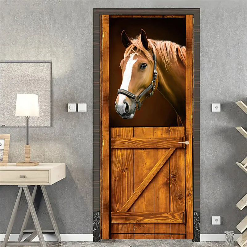 Wooden Door Mural Decal Sticker Peel and Stick Removable Self-Adhesive Brown Wood Grain Red Brick Door Wallpaper for Home Decor