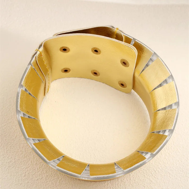 Fashion Golden Color Pu Leather Chunky Necklace Wide Bracelet Sets Punk Style Ethnic Style Jewelry Set For Women Party Accessory