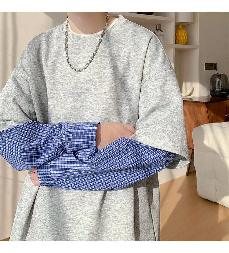 Fashion Oversized Solid Color Fake Two-Piece Hoodie with Checkered Sleeves Trendy Plus Size Pullover for Men and Women Autumn