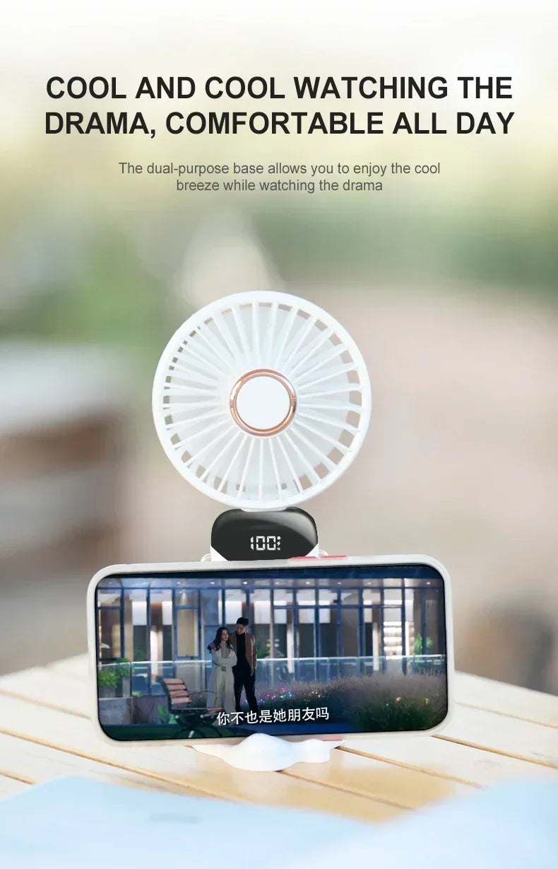 Handheld Mini Fan 3000mAh Foldable Portable Neck Hanging Fans 5 Speed USB Rechargeable Fan with Phone Stand and Display Screen