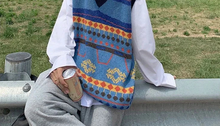 Tatiana Haven Men’s Printed Knit Sweater Vest – V-Neck Casual Korean-Style Fashion Waistcoat for Autumn & Winter