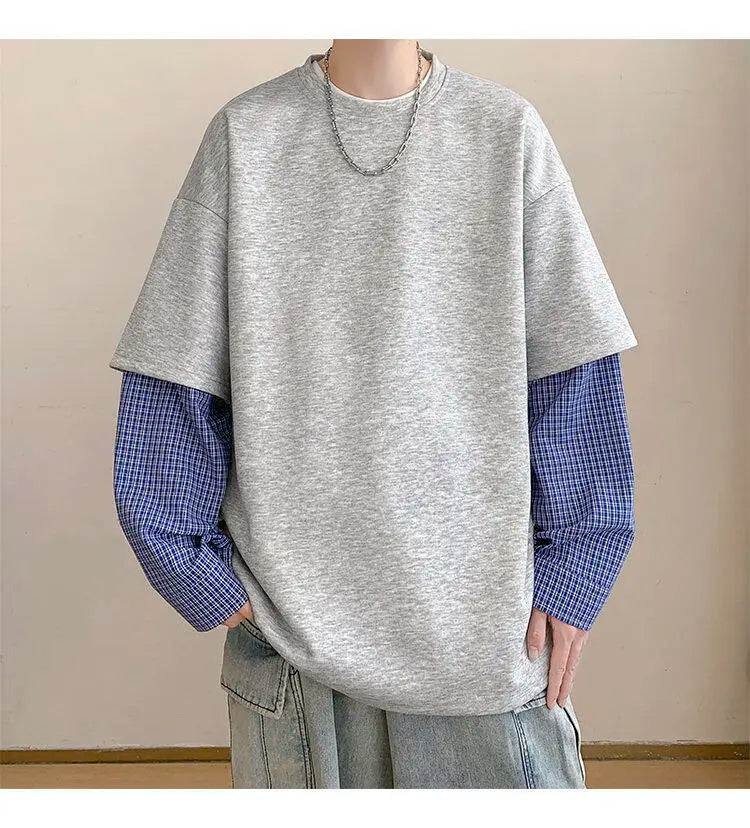 Fashion Oversized Solid Color Fake Two-Piece Hoodie with Checkered Sleeves Trendy Plus Size Pullover for Men and Women Autumn