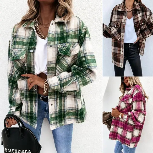 Women’s Retro Plaid Shacket – Oversized Flannel Shirt Jacket with Pockets for Autumn & Winter