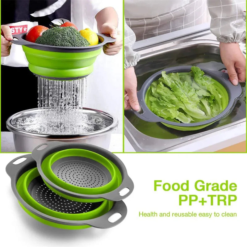 Round Collapsible Colander Silicone Kitchen Fruit Vegetable Washing Basket Strainer Foldable Drainer Kitchen Gadgets Tools