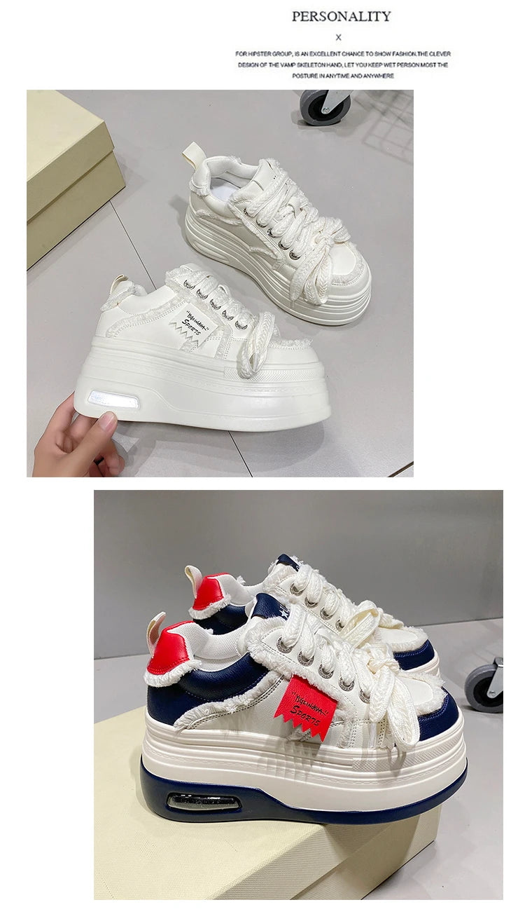 Fashion Chunky Sneakers Women Autumn Lace Up Platform Sports Shoes 8CM Thick Bottom High Heels Female Leather Sneakers Woman