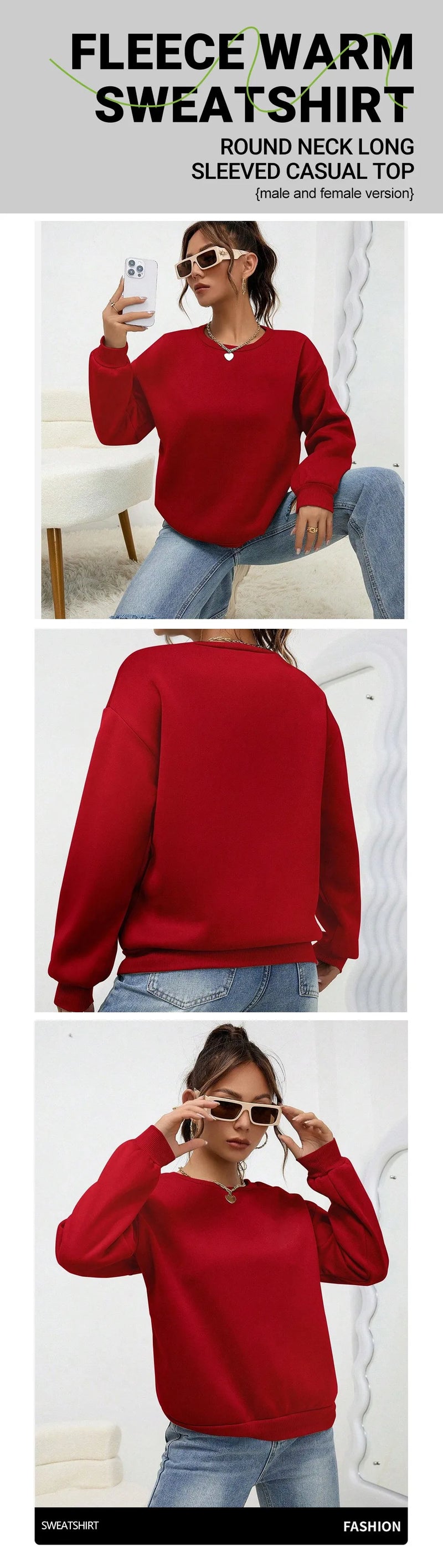 Woman Sweatshirt Casual Solid Color All-Match Clothing Loose Fashionable Pullovers Autumn Crewneck Warm  Female Hoodies