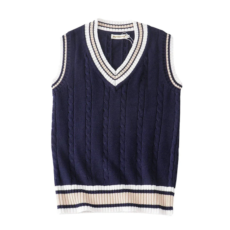 Men’s Thick Knit Sweater Vest – Striped V-Neck Sleeveless Pullover, Retro Preppy Casual Style
