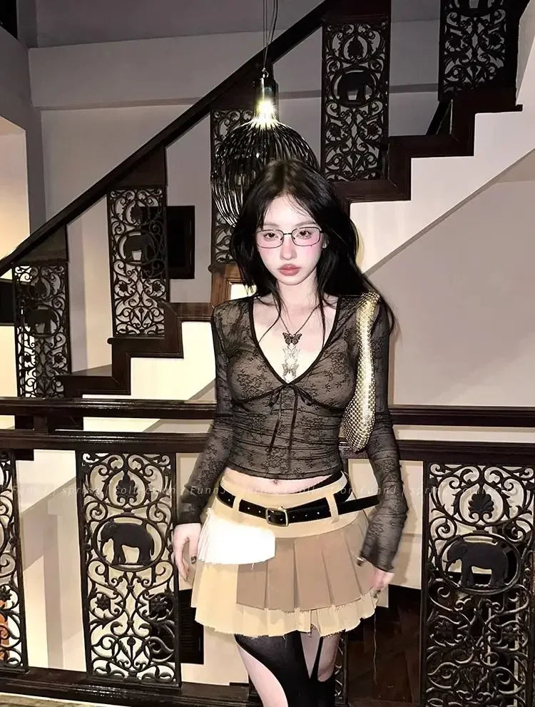 Coquette Aesthetic Mesh T Shirts Women Vintage V Neck Lace Bow Cropped Tops Y2k Sexy Slim Fit Long Sleeve Tee Shirts