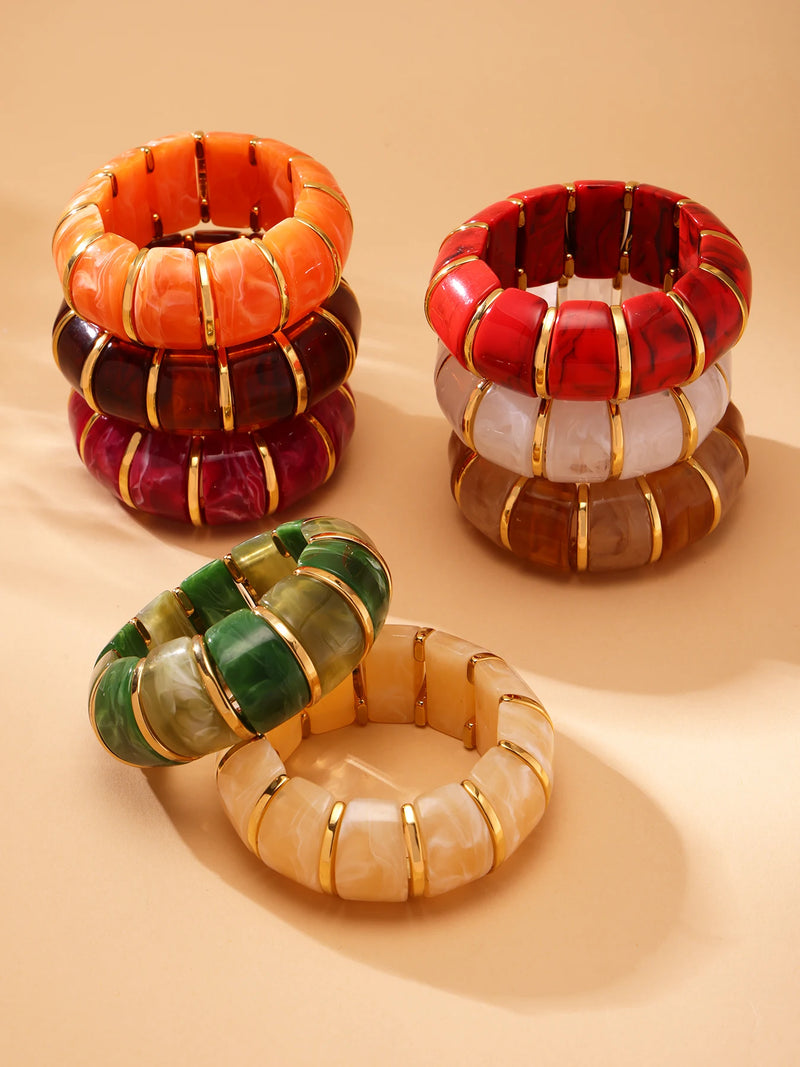 Chunky Ethnic Women Bracelets For Women No Fade Resin Stainless Steel Elastic Rope Handcraft Bangle Luxury Jewelry