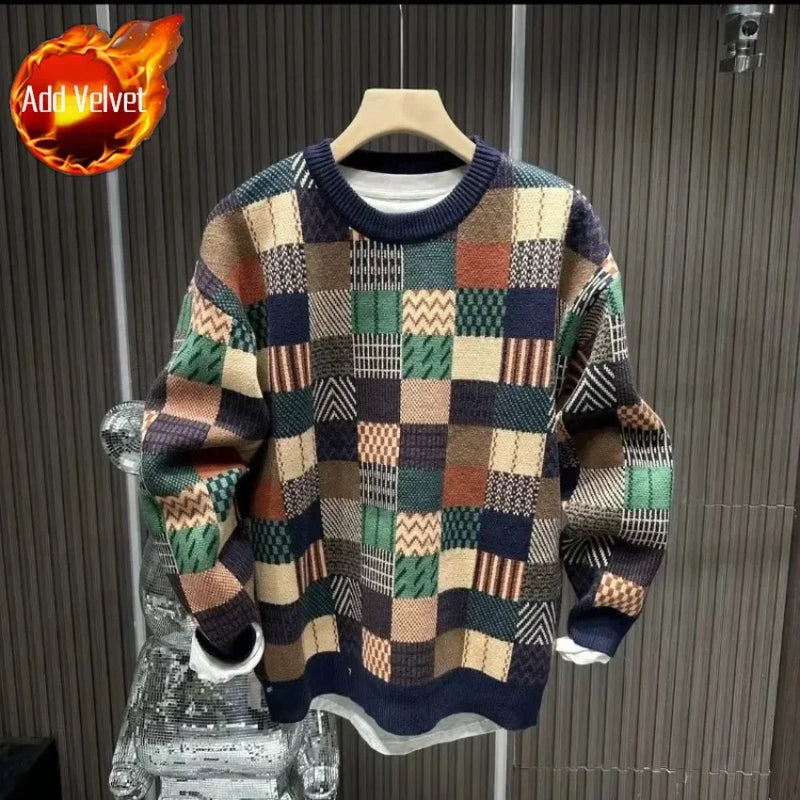 Men’s Warm Loose Fit Sweatshirt – Round Neck Pullover with Wool Lining for Autumn and Winter