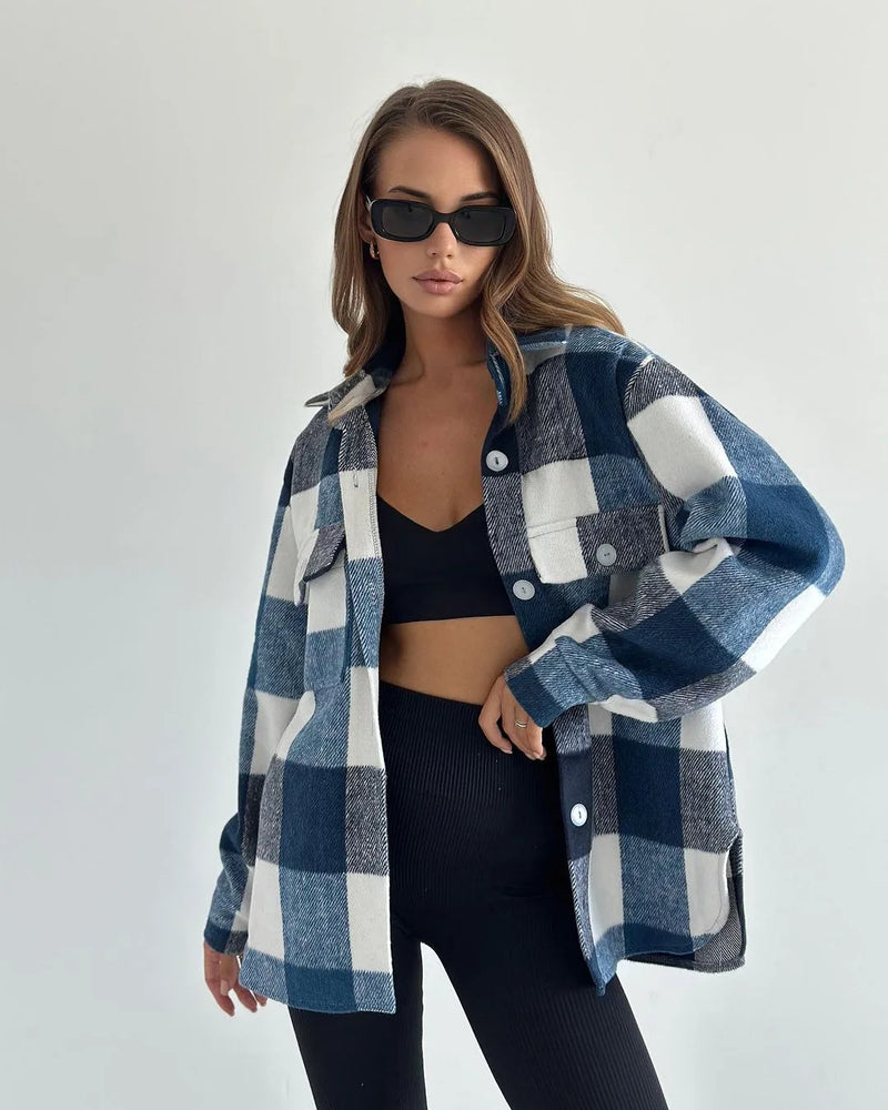 Women’s Flannel Plaid Shirt Jacket – Long Sleeve Lapel Button-Down Shacket for Autumn