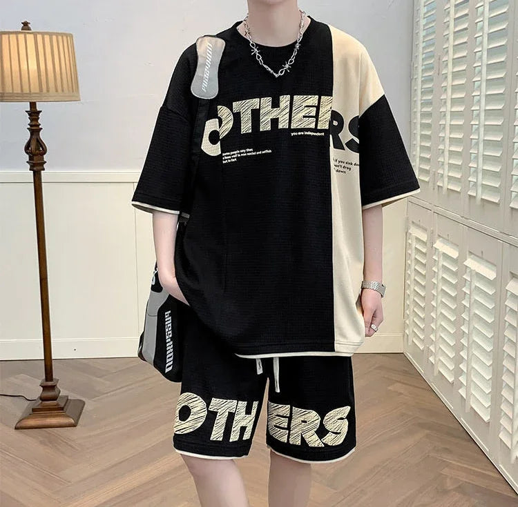 Men’s Alphabet Sportswear Set – Casual Jogging Tracksuit with T-Shirt and Shorts