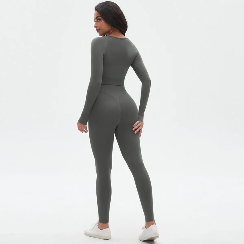 Seamless Two Piece Sets Womens Outifits Long Sleeve Gym Fitess Sport Set Yoga Leggings Matching Sets Exercise Tracksuits Female