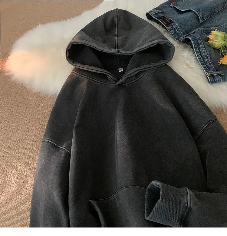 Men’s Vintage Washed Hoodie – Loose Fit Streetwear Pullover for Casual Harajuku Style