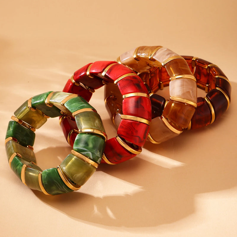 Chunky Ethnic Women Bracelets For Women No Fade Resin Stainless Steel Elastic Rope Handcraft Bangle Luxury Jewelry