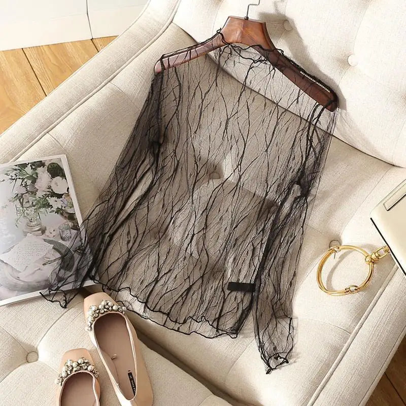 Lace Sheer Women‘s T-Shirt Fashion Mesh Summer Thin Bottom Shirt Transparent Long Sleeve Blouses Ladies Tops High Neck Tee Soli