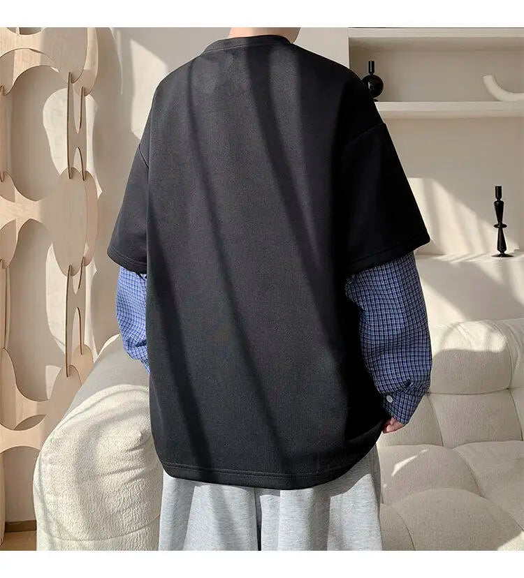 Fashion Oversized Solid Color Fake Two-Piece Hoodie with Checkered Sleeves Trendy Plus Size Pullover for Men and Women Autumn
