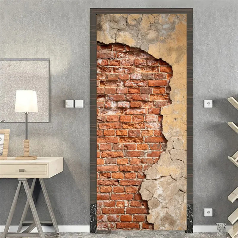 Wooden Door Mural Decal Sticker Peel and Stick Removable Self-Adhesive Brown Wood Grain Red Brick Door Wallpaper for Home Decor